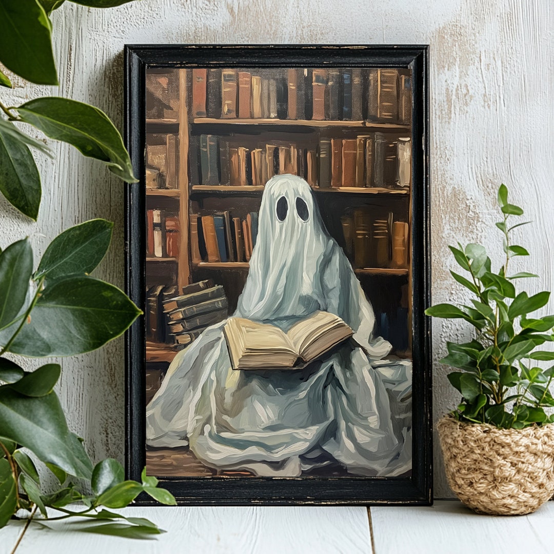 Cozy Ghost Library Art Print | Bookish Halloween Decor | Spooky Reading ...