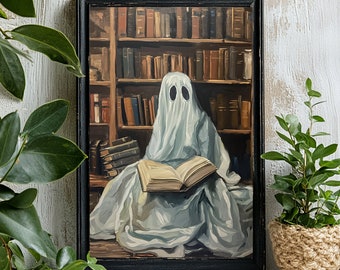 May include: A white ghost wearing a sheet sits in a library reading a book. The ghost is sitting in front of a wooden bookshelf filled with books. The bookshelf is in a room with a wooden floor.