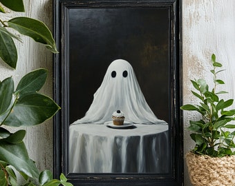 May include: A painting of a ghost wearing a white sheet sitting at a table with a single cupcake on a plate. The ghost has two black eyes.