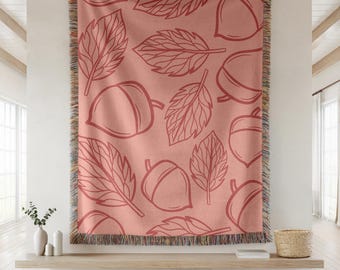 Gewebte Decke mit Eichelmuster | Herbstdecke, botanische Tagesdecke, Fransenrand, gemütliche Heimdekoration, Geschenkidee mit Blättermuster