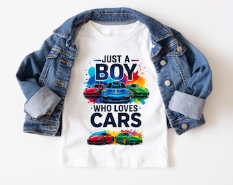 Just a Boy Who Loves Cars Shirt | Watercolor Vehicle Kids Tee | Colorful Car Graphic T-Shirt | Boys Gift Top | Children’s Apparel