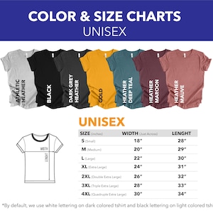 May include: Unisex t-shirt size chart with measurements in inches. The chart shows the width and length of each size from small to 4XL. The chart also shows the colour options for the t-shirts, which include athletic heather, black, dark grey heather, gold, heather deep teal, heather maroon, and heather mauve.