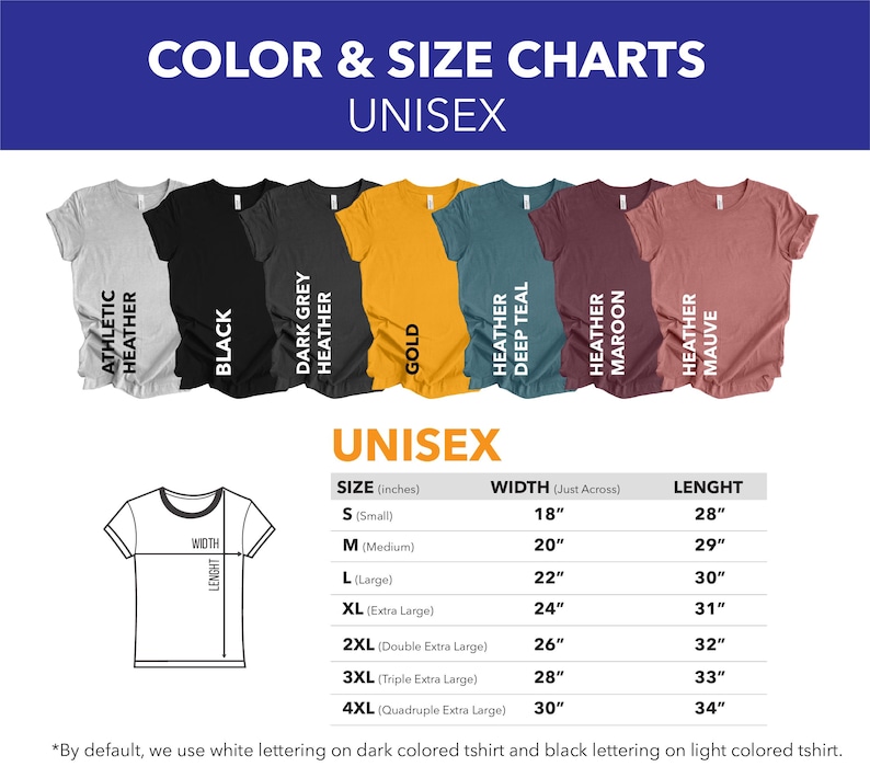 May include: Unisex t-shirt size chart with measurements in inches. The chart shows the width and length of each size from small to 4XL. The chart also shows the colour options for the t-shirts, which include athletic heather, black, dark grey heather, gold, heather deep teal, heather maroon, and heather mauve.