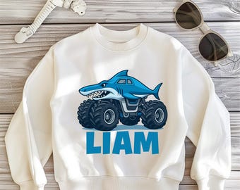 Shark Monster Truck Sweatshirt, Personalized Name Design, Toddler Youth Sweatshirt, Christmas Gift for Kids, Boys Shark Lover Outfit