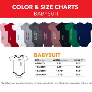 May include: Colour and size chart for baby onesies. The chart shows 10 different colours of onesies, including pink, red, white, athletic heather, dark grey heather, heather maroon, heather mauve, black, kelly green, and navy. The chart also shows the size and measurements of the onesies in inches. The text at the bottom of the chart says "By default, we use white lettering on dark coloured tshirt and black lettering on light coloured tshirt."