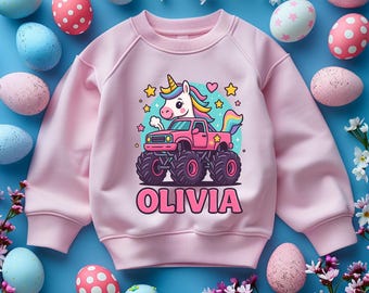 Unicorn Monster Truck Sweatshirt, Personalized Name Design, Toddler Youth Sweatshirt, Christmas Gift for Kids, Girls Truck Lover Outfit