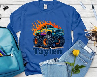 Monster Truck Sweatshirt, Personalized Name Design, Toddler Youth Sweatshirt, Christmas Gift for Kids, Boys Truck Lover Outfit