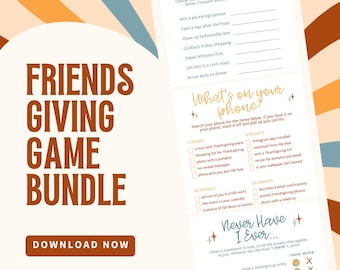 Könnte beinhalten: Ein druckbares Friendsgiving-Spielpaket im Retro-Stil. Das Paket enthält zwei Spiele: "Was ist auf deinem Handy?" und "Nie habe ich jemals..." Die Spiele sind für Freunde und Familie gedacht, um sie während einer Friendsgiving-Feier zu spielen.