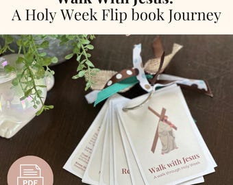 May include: A printable PDF flip book for kids about the story of Jesus during Holy Week. The book has a brown burlap ribbon and a teal ribbon with white polka dots. The cover of the book has a picture of Jesus carrying the cross.