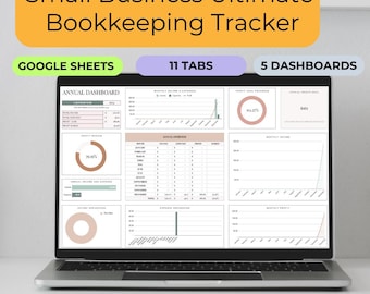 May include: A laptop computer displaying a Google Sheets spreadsheet with a small business bookkeeping tracker. The spreadsheet has 11 tabs and 5 dashboards. The spreadsheet includes charts and graphs to monitor profit and loss. The text on the screen reads "Small Business Ultimate Bookkeeping Tracker", "Google Sheets", "11 Tabs", "5 Dashboards", "Annual Dashboard", "Profit Margin", "70%", "Monthly Income & Expenses", "Target Profit Goal", "Annual Overview", "Monthly Income", "Monthly Profit", and "Monitor Your Profit & Loss | Get Familiar With Your Business".