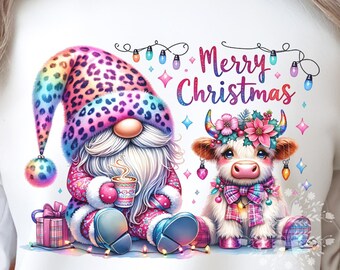 Colorful Christmas Gnome and Pink Highland Cow PNG, Rainbow Leopard Print, Pinkmas Clipart, Pastel Christmas PNG, Girls Holiday Shirt Design