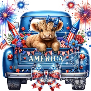 4th of July Highland Cow PNG, Highland Cow Clipart, 4th of July Truck, Coquette Highland Cow Shirt Design, Sublimation Files, Commercial Use