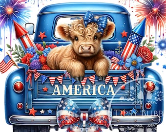 Vaca de las Tierras Altas del 4 de julio (PNG), imágenes prediseñadas de vaca de las Tierras Altas, camión del 4 de julio, diseño de camiseta con vaca de las Tierras Altas coqueta, archivos para sublimación, uso comercial