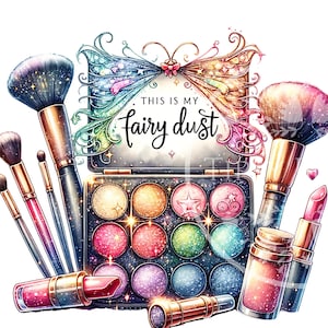 Smink Clipart Sublimering PNG, Söta Flickor Skjorta Design, Ögonmakeup Borste PNG, Akvarell Faux Glitter PNG, Kommersiellt Bruk, Digital Nedladdning