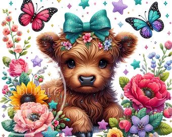 Frühling Baby Highland Kuh PNG, Aquarell Clipart, Highland Kuh und Blumen PNG, Highland Kuh Sublimation, niedliche Shirt-Design, kommerzielle Nutzung