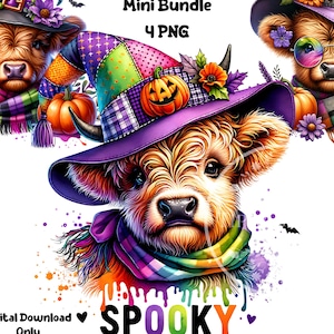 Halloween Highland Cow PNG Bundle, Highland Cow Sublimation, Baby Highland Cow Witch Hat, Halloween Cow PNG, Commercial Use, Digital Files.
