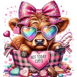 Può includere: Una mucca Highland rosa e marrone con occhiali a forma di cuore e un fiocco rosa, seduta in un cestino a quadri rosa e nero con un cuore rosa che dice "Non oggi Cupido". La mucca è circondata da cuori di caramelle e altri dolci.