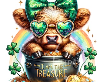 St. Patricks Day Highland Cow PNG, Highland Cow Clipart, St. Pattie's Day PNG, Highland Cow Shirt Design, Sublimation Files, Commercial Use