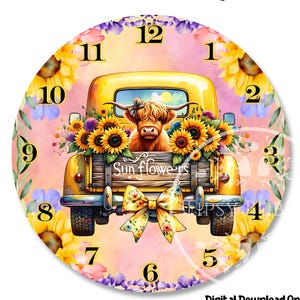May include: A sublimation design for a clock featuring a yellow truck with a Highland cow and sunflowers in the bed. The truck is driving on a pink background with a clock face and numbers.