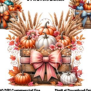 May include: A digital illustration of a wooden crate filled with pumpkins, wheat stalks, and fall foliage. A large pink bow adorns the front. The text "3 PNG Mini Bundle", "300 DPI Commercial Use", and "Digital Download Only" are also visible.