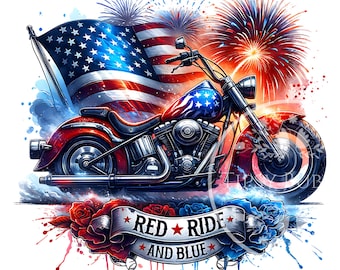 Patriotic Motorcycle PNG, 4th of July Biker Clipart, Patriotic Shirt Design, Biker PNG Sublimation Files, Commercial Use, Digital Download