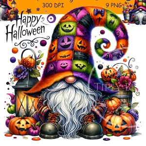 Paquete de gnomos de Halloween coloridos, imágenes prediseñadas de Halloween, archivos de sublimación, gnomos navideños, PNG de camiseta de Halloween, uso comercial, PNG digital