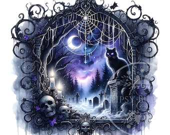 Gato negro espeluznante de Halloween PNG, cementerio de Halloween PNG, diseños de sublimación de Halloween, diseños de camisetas de Halloween, uso comercial digital