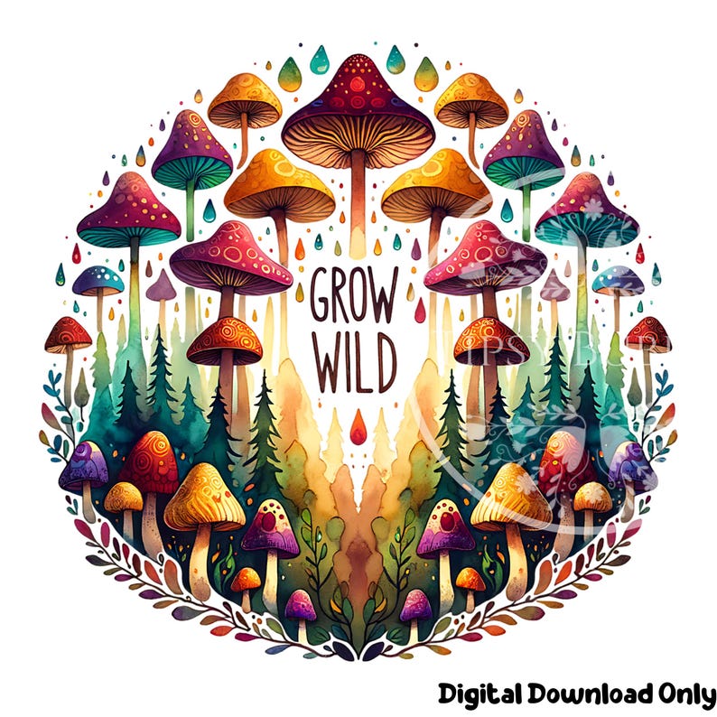 Cute Mushroom Clipart PNG, Mushroom Shirt PNG Designs, Boho Mushroom PNG, Watercolor Mushrooms, Boho Sublimation Designs, Commercial Use