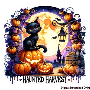 かわいいハロウィン黒猫かぼちゃ、かわいいハロウィン猫PNG、女の子向けハロウィンシャツPNG、昇華デザインハロウィン昇華ファイル