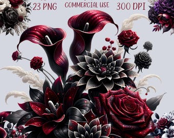 Dark Flowers Clipart Bundle, Black Flowers PNG, Sublimation Files, Faux Glitter PNG, Gothic Floral Designs, Dark Valentines, Commercial Use