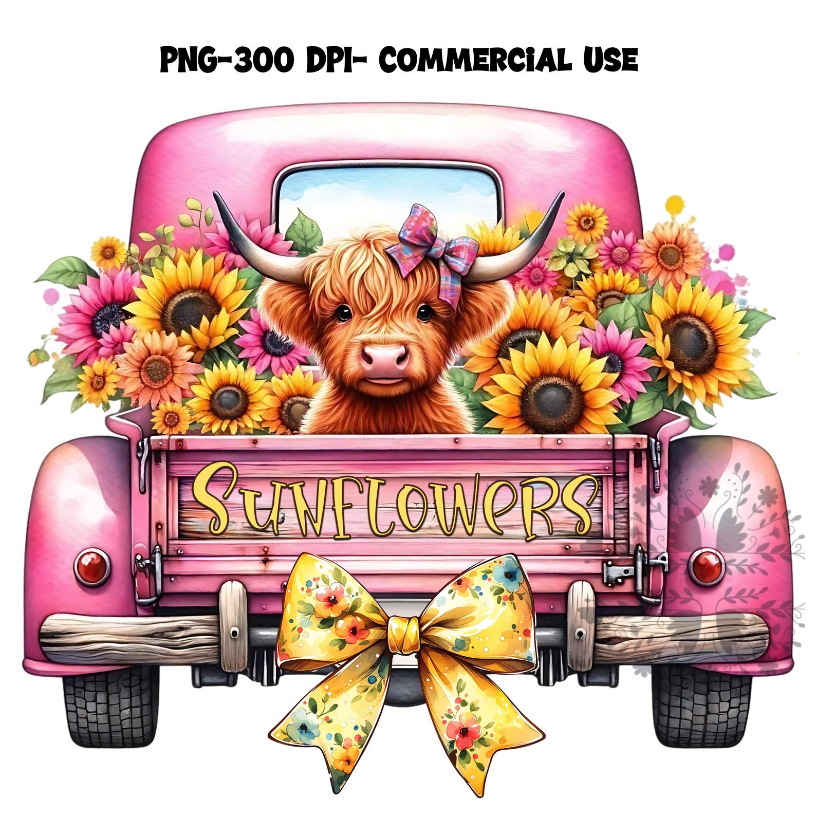 Sunflower Highland Cow PNG, Watercolor Sunflowers Clipart, Cute Cow and ...