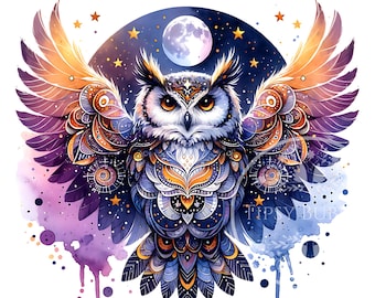 May include: A watercolor illustration of an owl with outstretched wings, set against a night sky with a full moon and stars. The owl features intricate patterns in shades of blue, purple, orange, and gold. Text at the bottom reads "Digital Download Only."