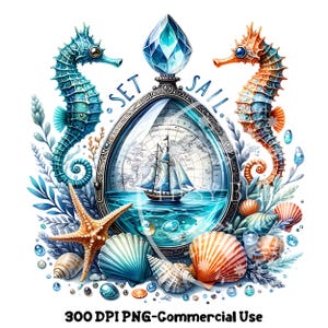 May include: A vintage compass with a nautical map inside, surrounded by seashells, starfish, and two seahorses. The compass is set in a silver frame with a blue gem on top. The text "Set Sail" is written around the compass.