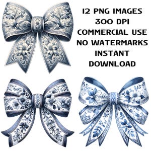 Coquette Bow Blue Floral Clipart Bundle, Sublimation File, Cute Watercolor Floral Bow PNG, Retro Sublimation Design, Commercial Use, Digital