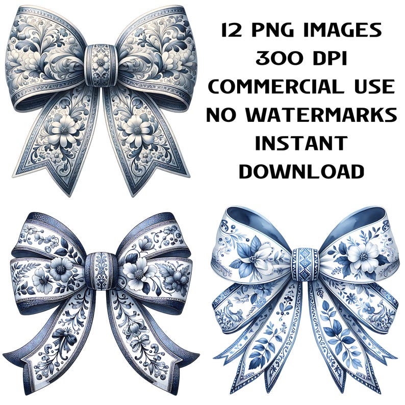 Coquette Bow Blue Floral Clipart Bundle, Sublimation File, Cute Watercolor Floral Bow PNG, Retro Sublimation Design, Commercial Use, Digital
