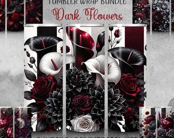 Puede incluir: Un conjunto de 8 diseños digitales sin costuras con flores de color rojo oscuro, negro y blanco. Los diseños son perfectos para crear envolturas para vasos. El texto "Dark Flowers" y "8 Wraps - Commercial Use" está incluido en la imagen.
