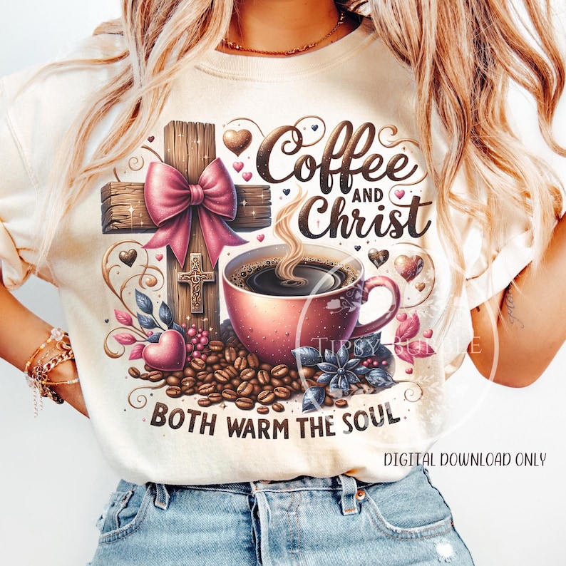 Christian Coffee PNG, Christian Shirt Designs, Sublimation Files, Trendy Coquette Cross PNG File, Commercial Use, Digital Download.