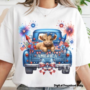 4th of July Highland Cow PNG, Highland Cow Clipart, 4th of July Truck, Coquette Highland Cow Shirt Design, Sublimation Files, Commercial Use