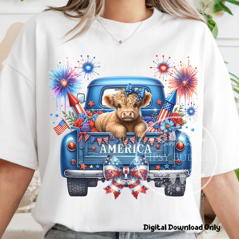 4th of July Highland Cow PNG, Highland Cow Clipart, 4th of July Truck, Coquette Highland Cow Shirt Design, Sublimation Files, Commercial Use