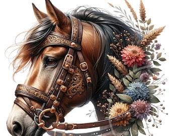 Horse Clipart Bundle, Horses and Flowers PNG, Digital Sublimation Files, Floral Horse Images, Cute Sublimation PNG Designs, Commercial Use