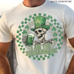 St. Patricks Day Skeleton PNG, Funny Skeleton Shirt Design, Checkered St. Patrick's Day PNG, Men's Sublimation File, Shenanigans PNG