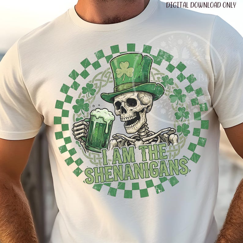 St. Patricks Day Skeleton PNG, Funny Skeleton Shirt Design, Checkered St. Patrick's Day PNG, Men's Sublimation File, Shenanigans PNG