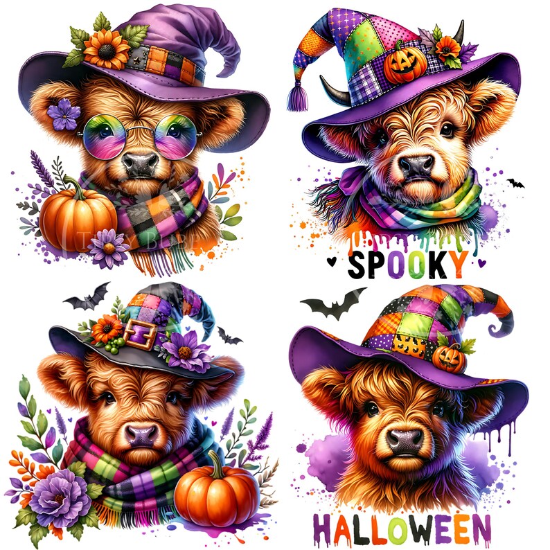 Halloween Highland Cow PNG Bundle, Highland Cow Sublimation, Baby Highland Cow Witch Hat, Halloween Cow PNG, Commercial Use, Digital Files