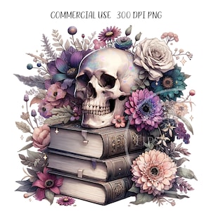 May include: A digital illustration featuring a human skull atop a stack of three antique books, surrounded by an array of colorful flowers in shades of purple, pink, and teal. The image includes the text "COMMERCIAL USE 300 DPI PNG".