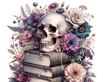 Floral tête de mort PNG, fichiers pour sublimation, clipart gothique, tête de mort et livres PNG, tête de mort roses Clip Art, motifs wicca, usage commercial, fichier numérique