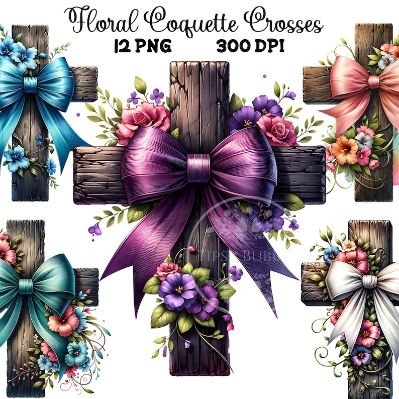 Christian Floral Cross Bundle, Christian Coquette, Religious Shirt PNG, Cross and Flowers, Bow Cross PNG, Commercial Use, Digital Downloads