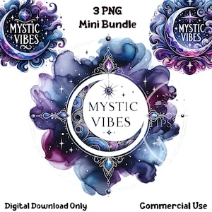 May include: A digital download of three watercolor illustrations featuring a crescent moon with stars and the text "Mystic Vibes". The illustrations are in shades of blue, purple, and pink.