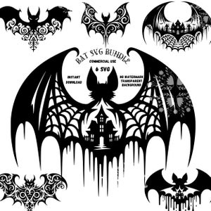 Puede incluir: Un conjunto de seis archivos SVG de murciélagos en blanco y negro para uso comercial. Los murciélagos están en varias poses, incluyendo volando, posados y con una casa espeluznante en el fondo. El texto "BAT SVG BUNDLE" está en la parte superior de la imagen.