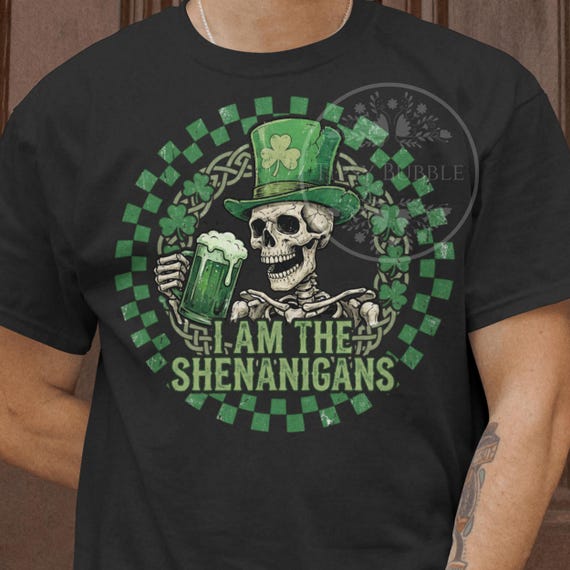 St. Patricks Day Skeleton PNG, Funny Skeleton Shirt Design, Checkered St. Patrick's Day PNG, Men's Sublimation File, Shenanigans PNG