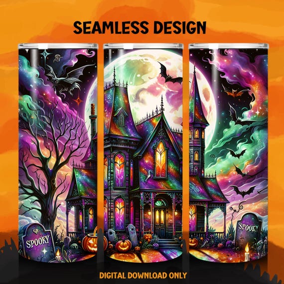 Haunted House Halloween Tumbler Wrap, Skinny Tumbler Wrap, Tumbler Sublimation PNG, Faux Glitter Png, Halloween Sublimation, Commercial Use